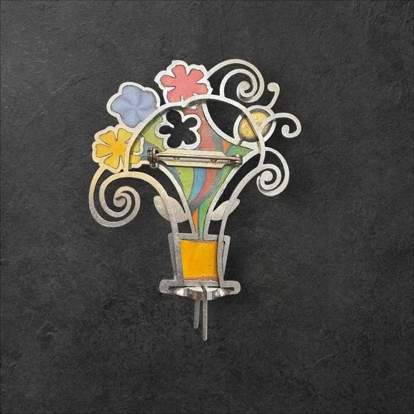 Vintage Seeka Floral Bouquet Pot Brooch Silver Tone Enamel Multicolor 2.5in Pin - Picture 2 of 3